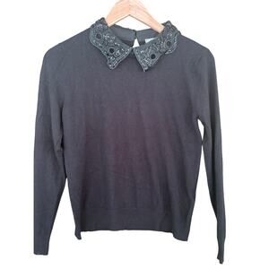 Liv Milano Beaded Peter Pan Collar Sweater M Black Old Money Quiet Luxury
